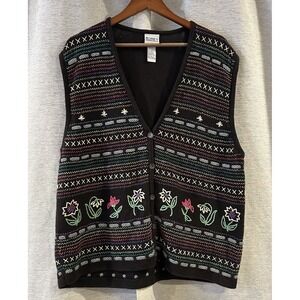 VTG 90s Koret‎ Francisca Sweater Vest Large Embroidered Floral Button Down